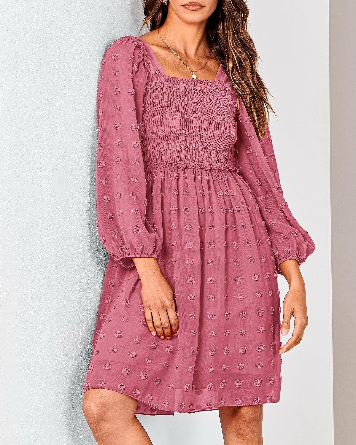 image:imageBTFBM Womens Mini Smocked Wedding Guest DressBean Paste Red