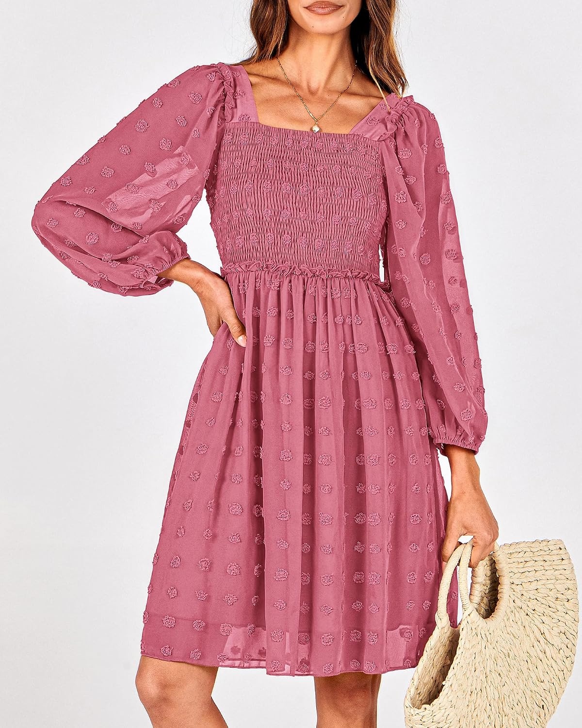 image:imageBTFBM Womens Mini Smocked Wedding Guest DressBean Paste Red