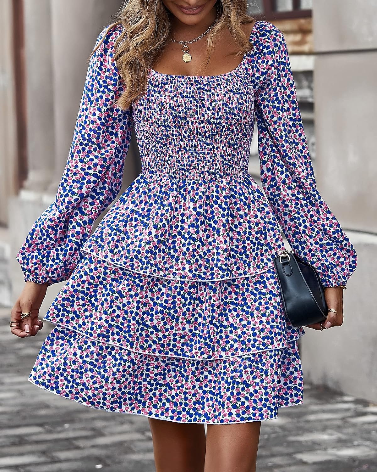 image:imageBTFBM Womens Mini Smocked Wedding Guest DressFloral Blue Pink