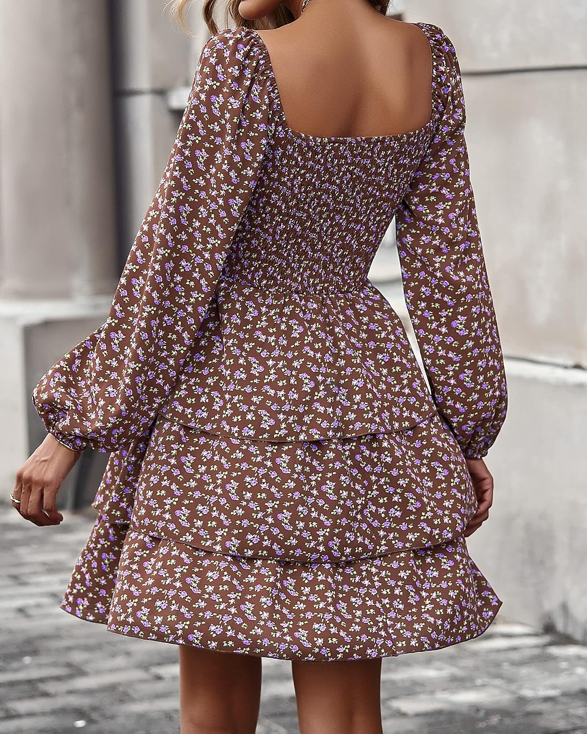 image:imageBTFBM Womens Mini Smocked Wedding Guest DressFloral Brown