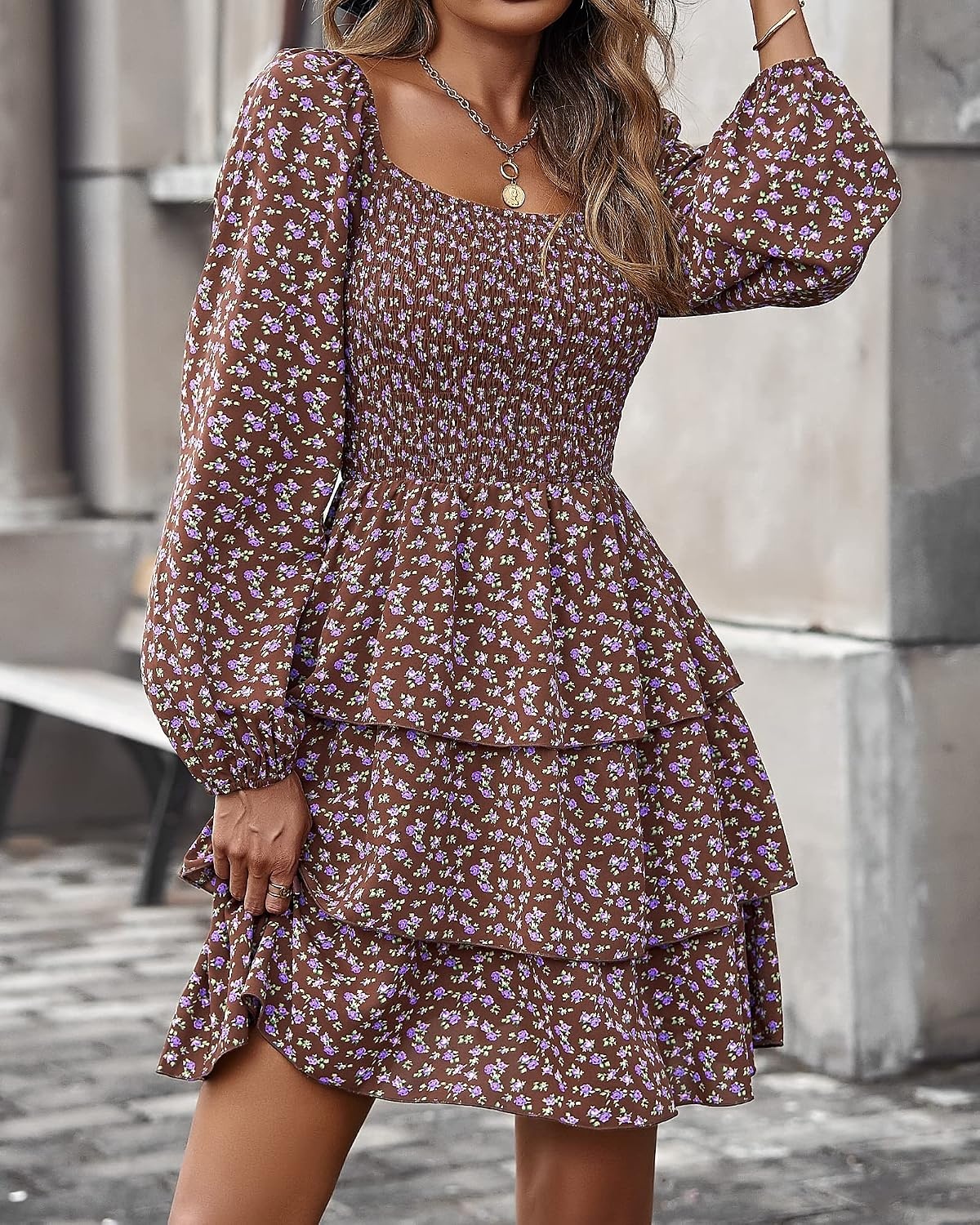 image:imageBTFBM Womens Mini Smocked Wedding Guest DressFloral Brown