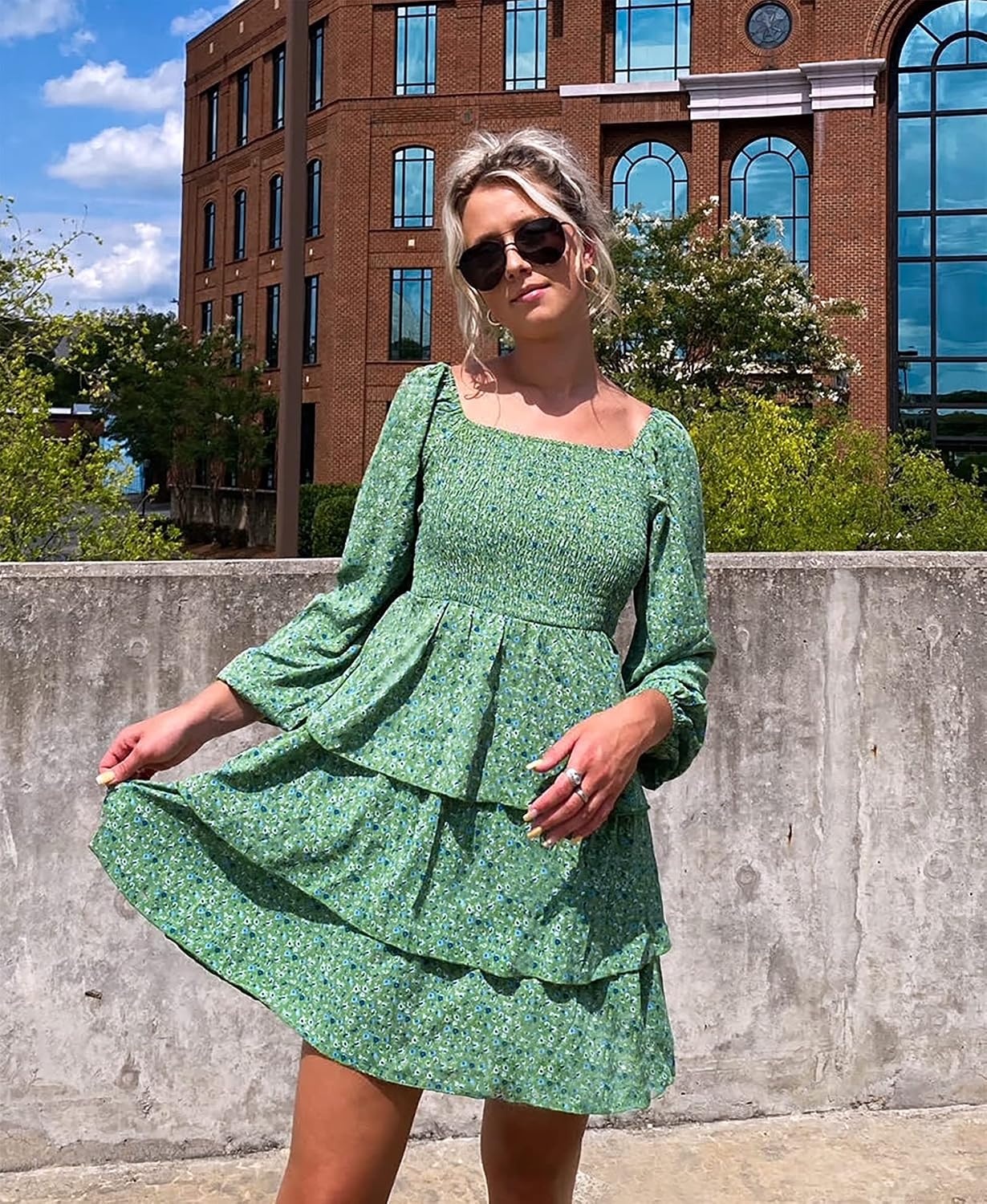 image:imageBTFBM Womens Mini Smocked Wedding Guest DressFloral Green Blue
