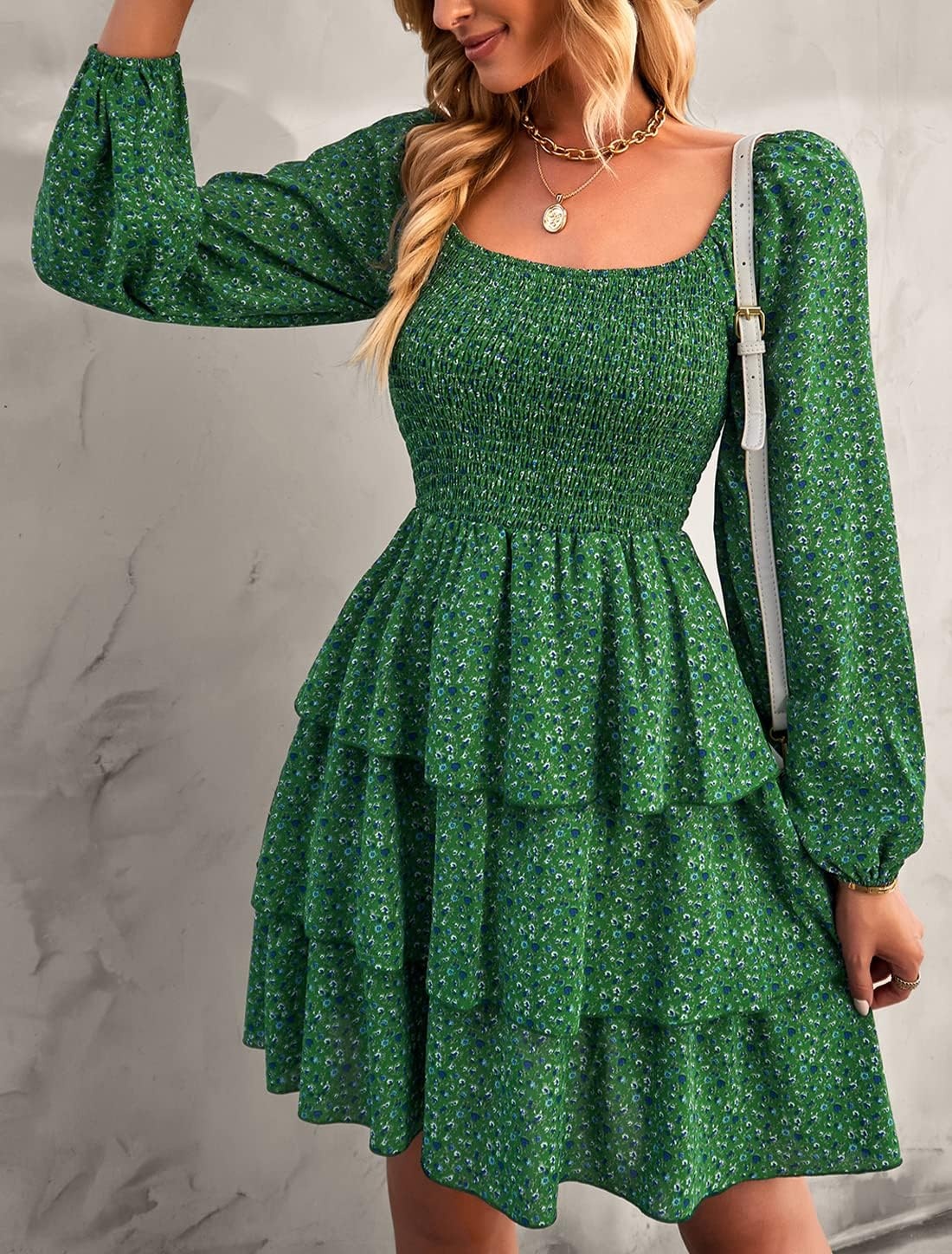 image:imageBTFBM Womens Mini Smocked Wedding Guest DressFloral Green Blue