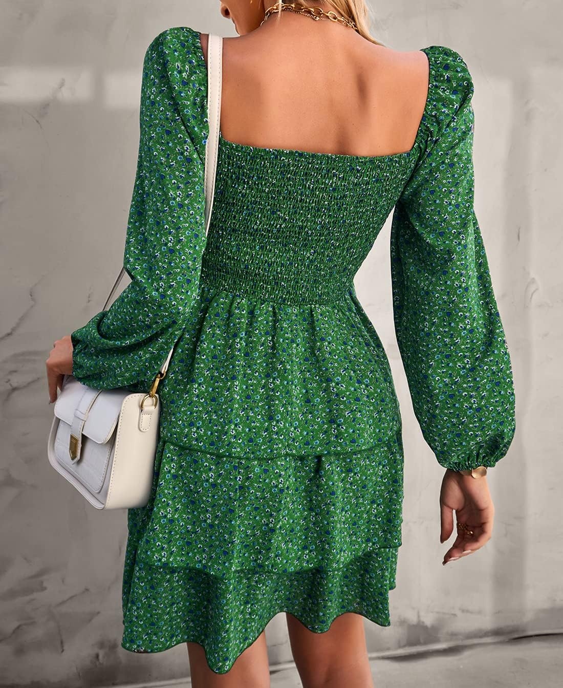 image:imageBTFBM Womens Mini Smocked Wedding Guest DressFloral Green Blue