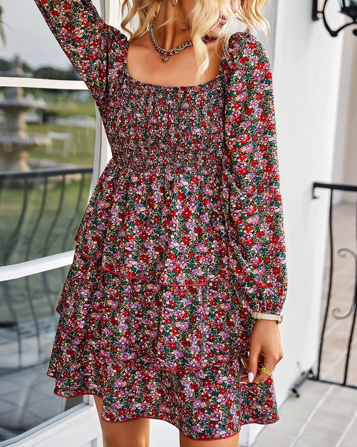 image:imageBTFBM Womens Mini Smocked Wedding Guest DressFloral Red Pink
