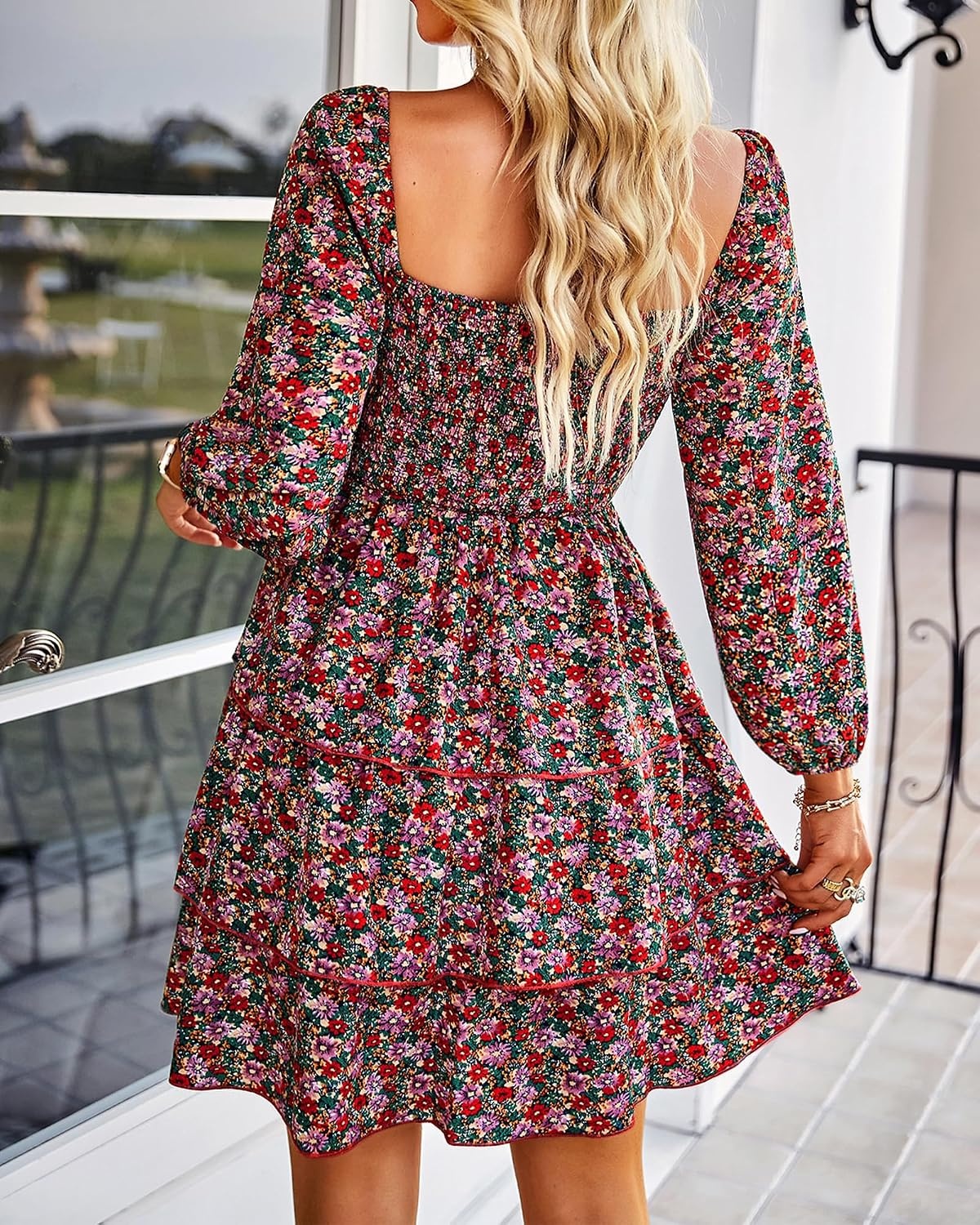 image:imageBTFBM Womens Mini Smocked Wedding Guest DressFloral Red Pink