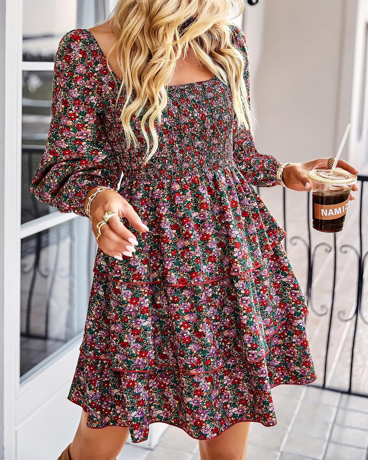 image:imageBTFBM Womens Mini Smocked Wedding Guest DressFloral Red Pink