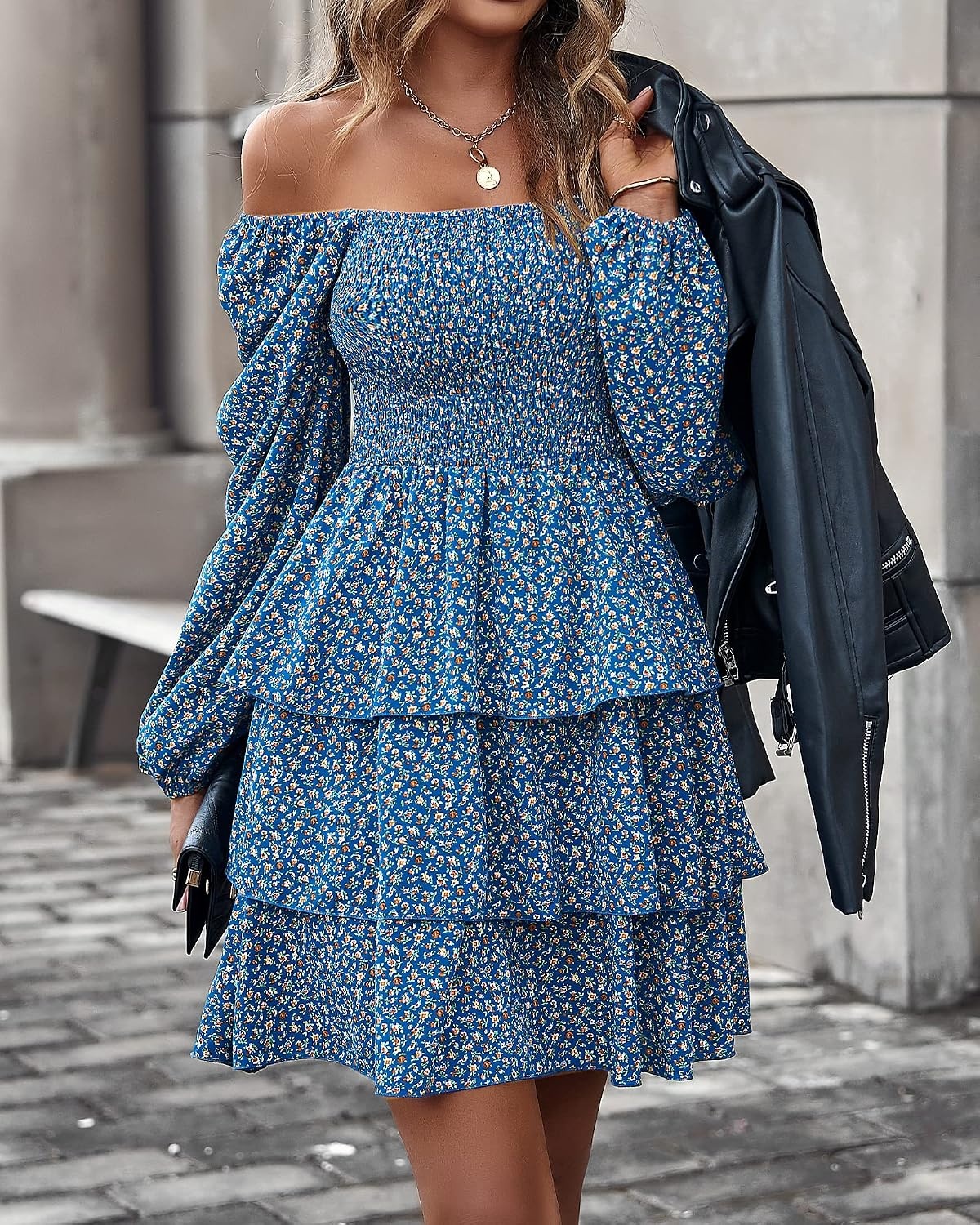 image:imageBTFBM Womens Mini Smocked Wedding Guest DressFloral Royal Blue