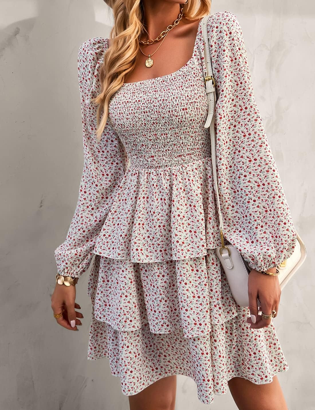image:imageBTFBM Womens Mini Smocked Wedding Guest DressFloral White Red