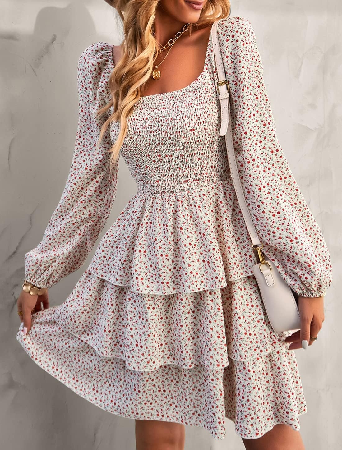 image:imageBTFBM Womens Mini Smocked Wedding Guest DressFloral White Red
