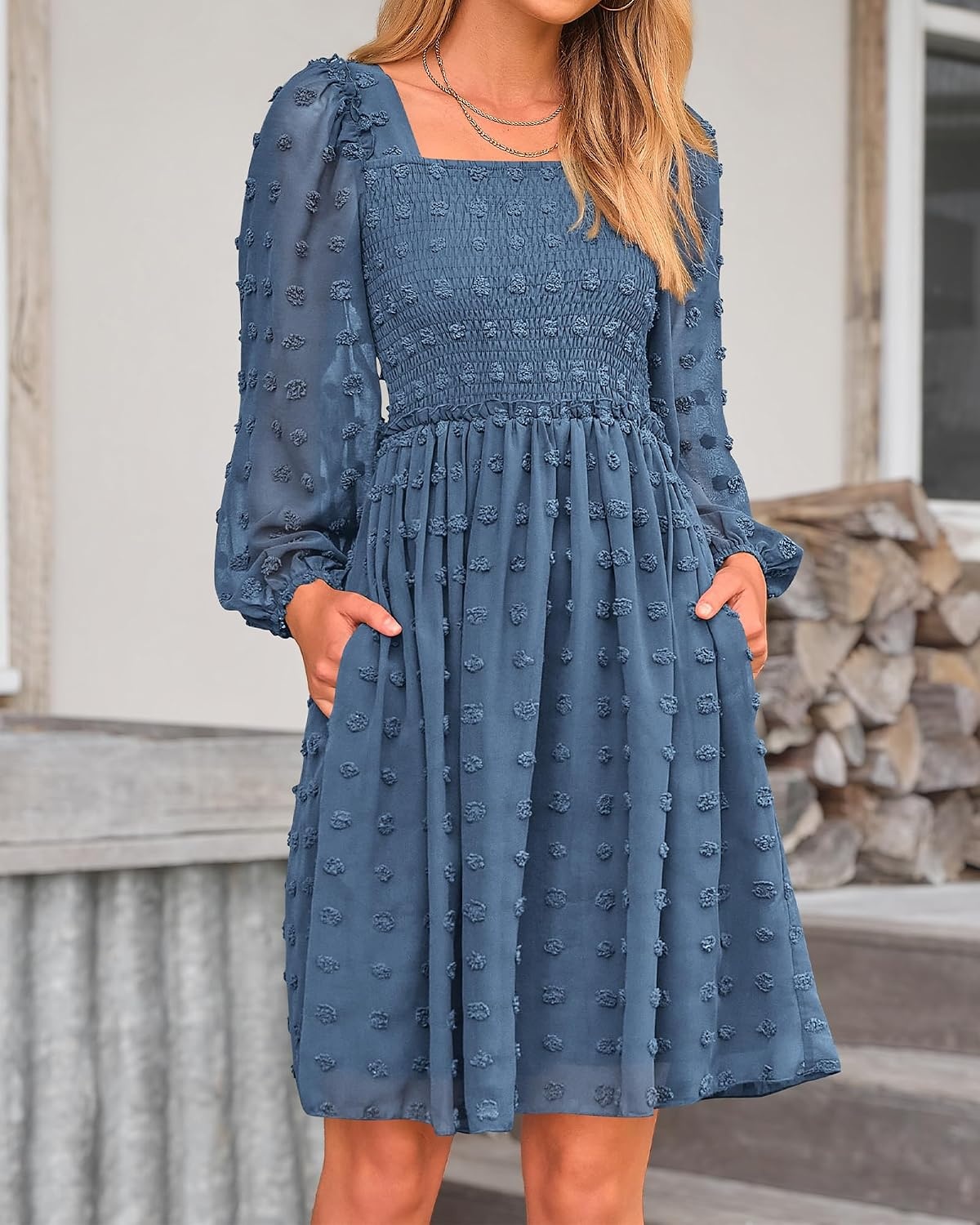 image:imageBTFBM Womens Mini Smocked Wedding Guest DressGrey Blue