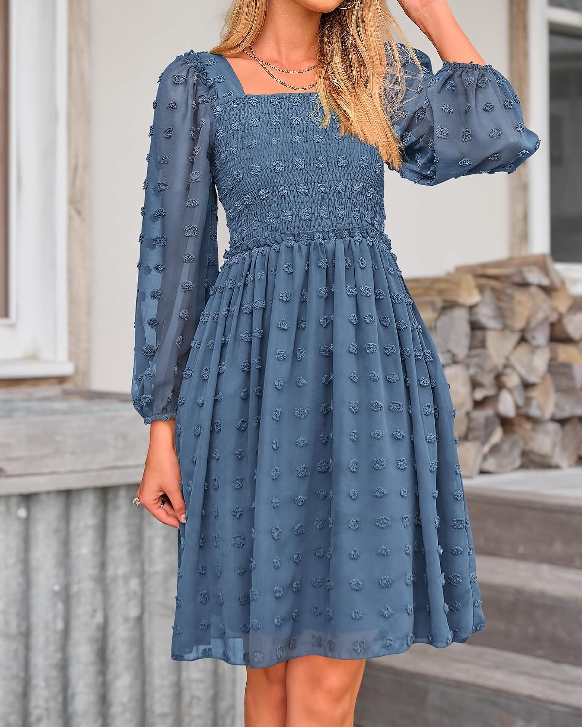 image:imageBTFBM Womens Mini Smocked Wedding Guest DressGrey Blue