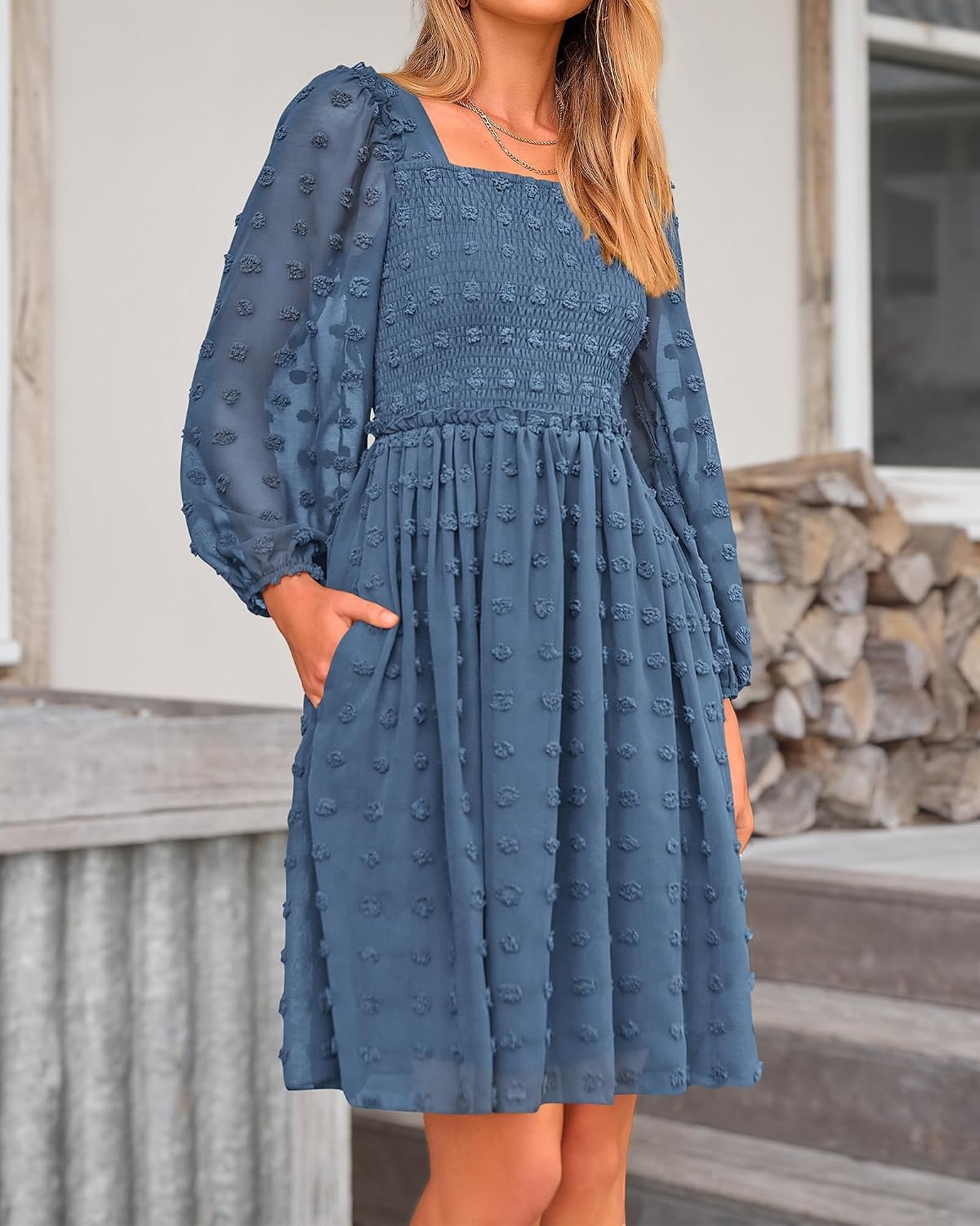 image:imageBTFBM Womens Mini Smocked Wedding Guest DressGrey Blue