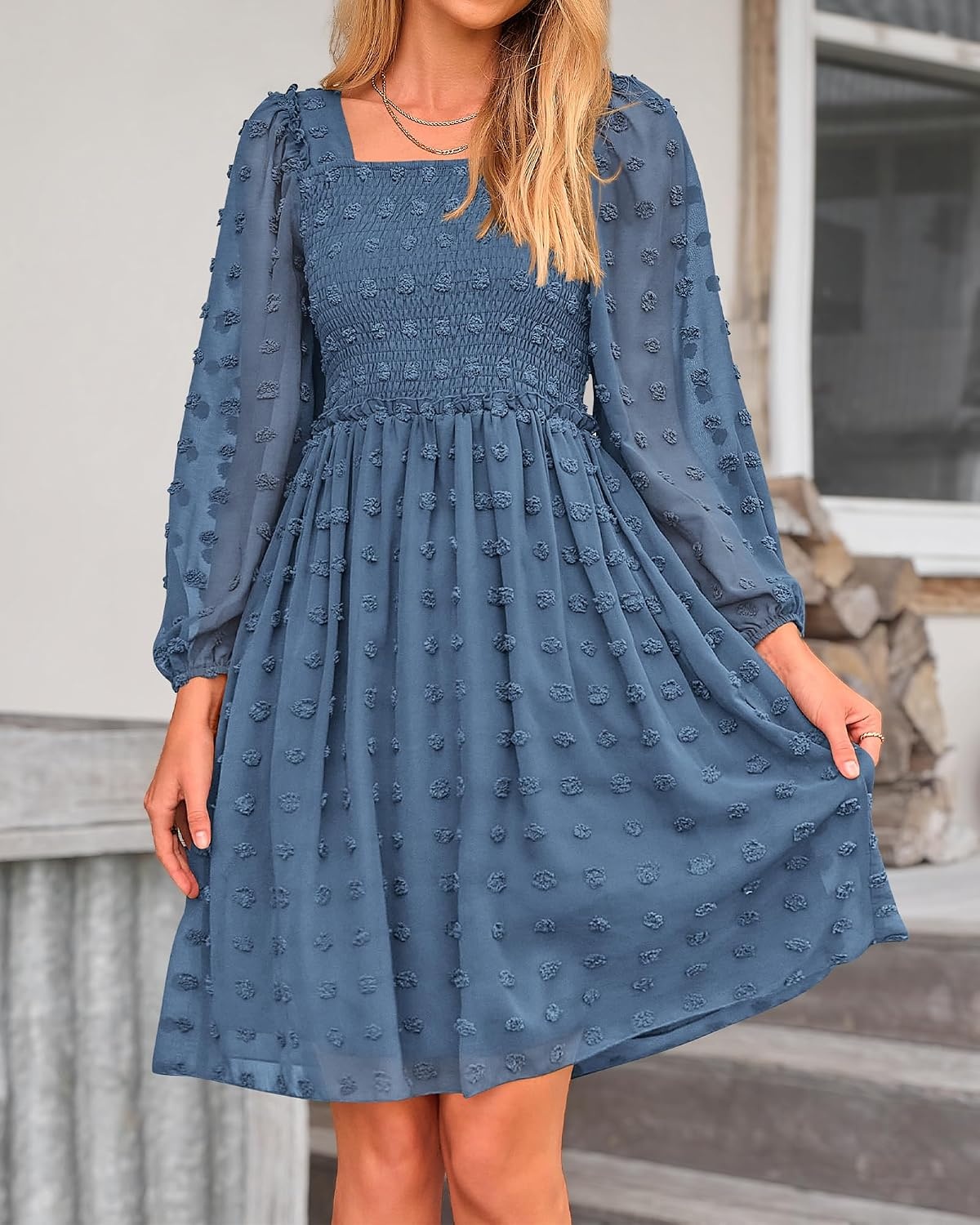 image:imageBTFBM Womens Mini Smocked Wedding Guest DressGrey Blue