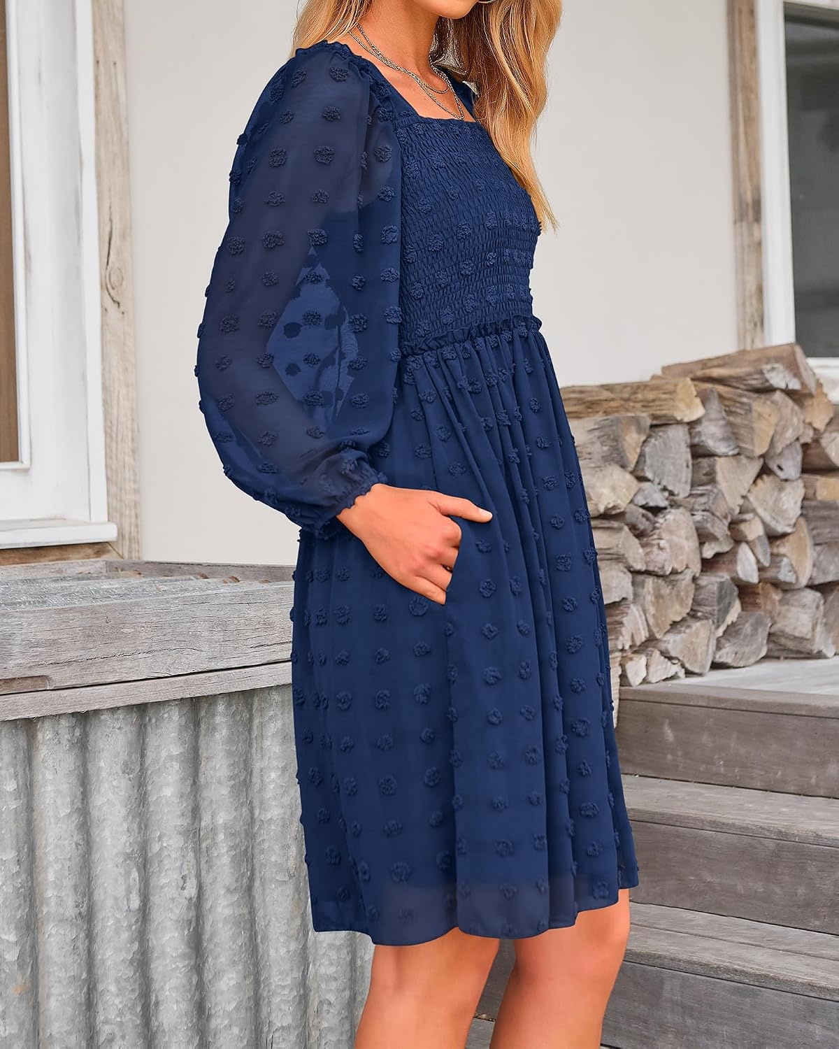 image:imageBTFBM Womens Mini Smocked Wedding Guest DressNavy