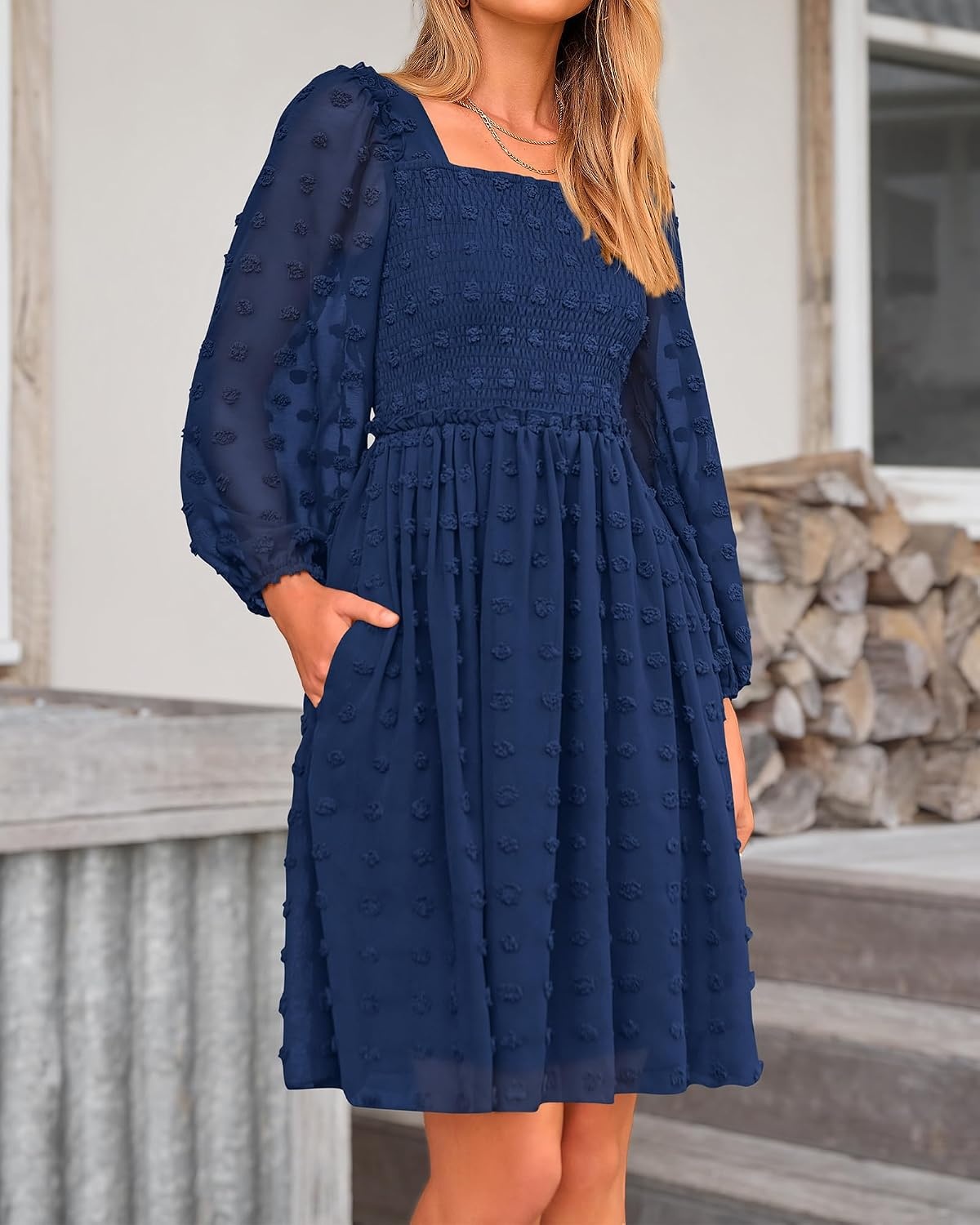 image:imageBTFBM Womens Mini Smocked Wedding Guest DressNavy