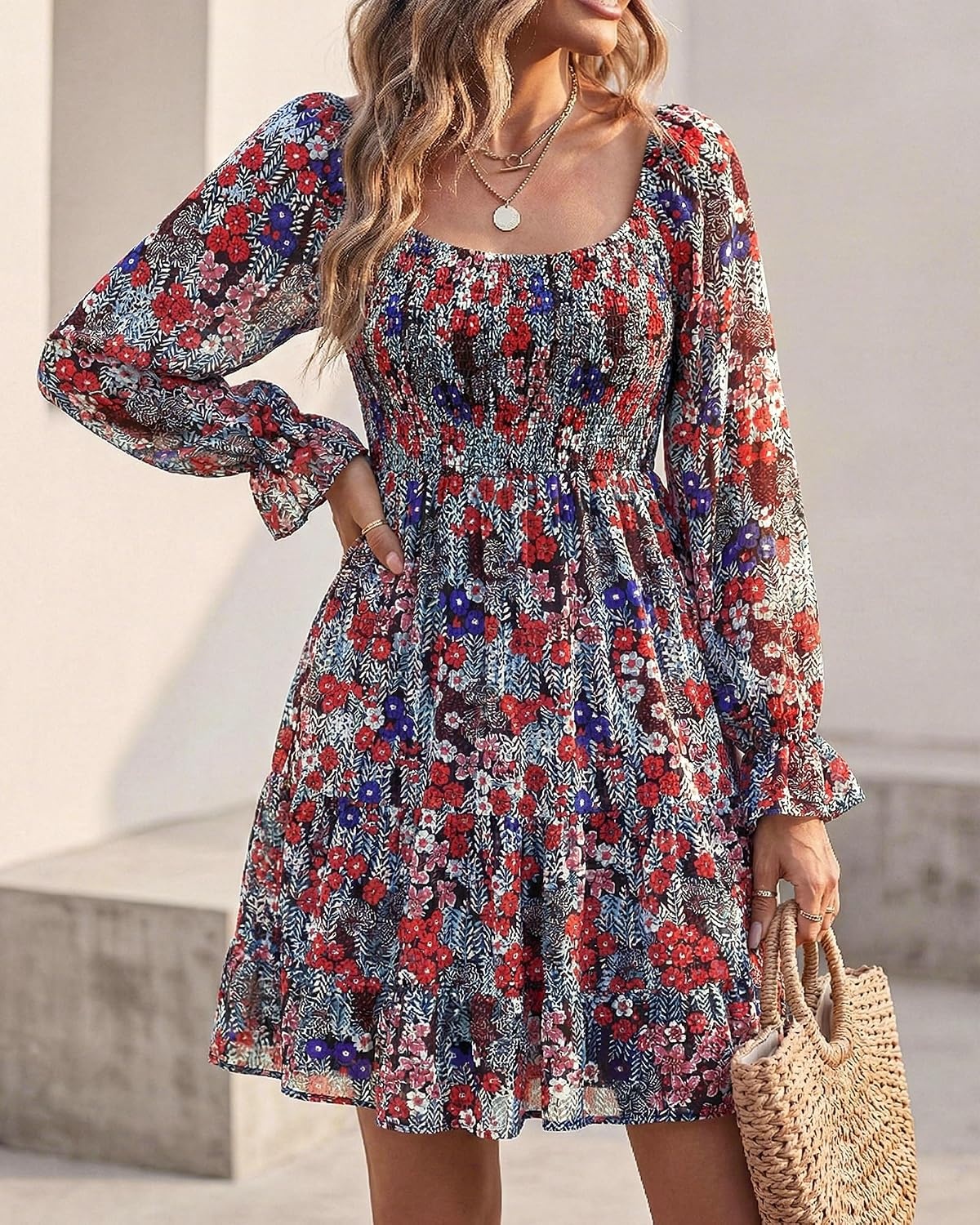 image:imageBTFBM Womens Mini Smocked Wedding Guest DressPrint Flower Red