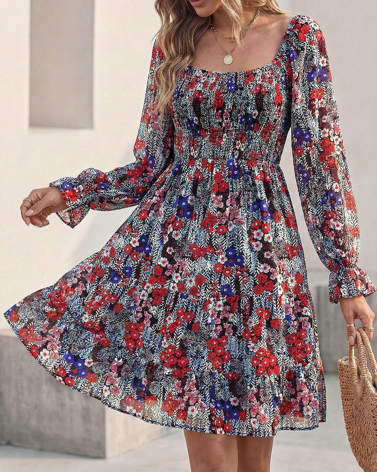 image:imageBTFBM Womens Mini Smocked Wedding Guest DressPrint Flower Red