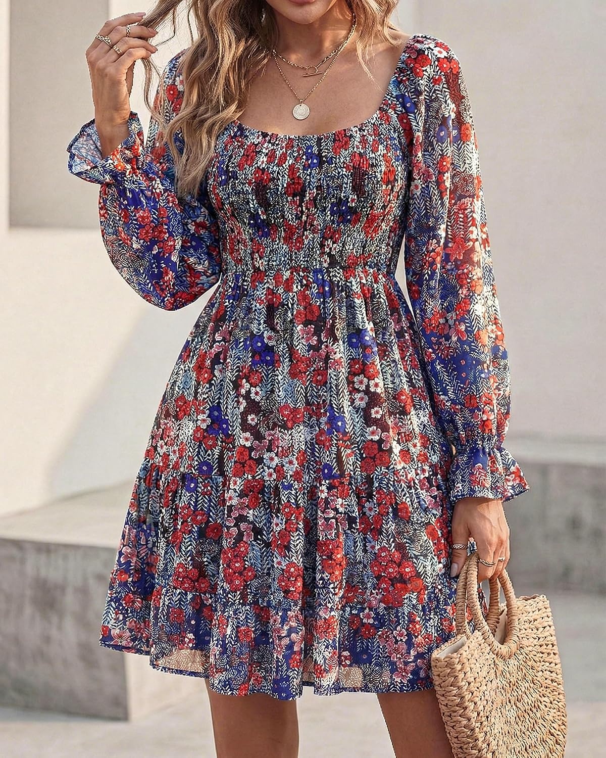 image:imageBTFBM Womens Mini Smocked Wedding Guest DressPrint Flower Red