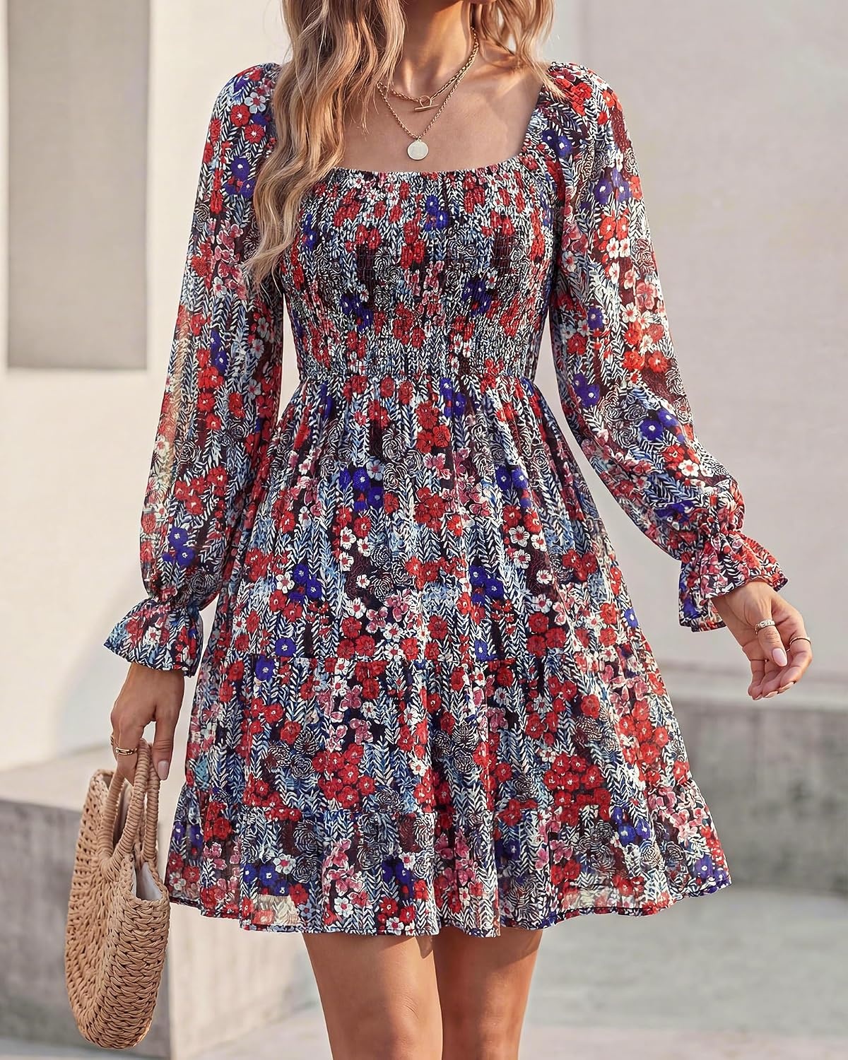 image:imageBTFBM Womens Mini Smocked Wedding Guest DressPrint Flower Red