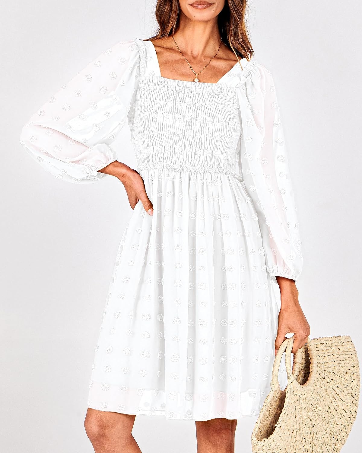 image:imageBTFBM Womens Mini Smocked Wedding Guest DressWhite