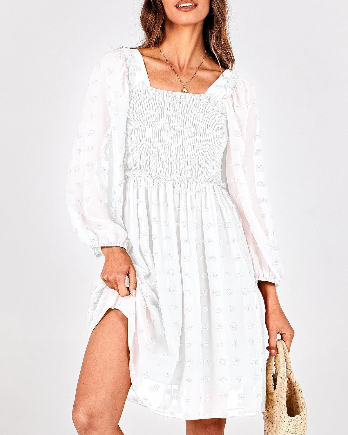 image:imageBTFBM Womens Mini Smocked Wedding Guest DressWhite