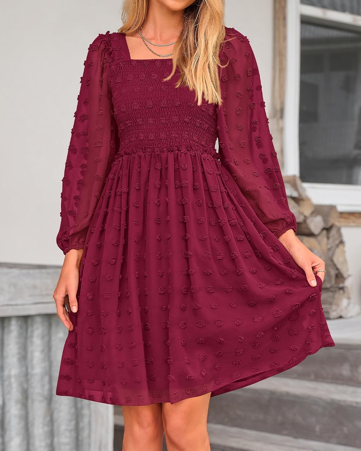 image:imageBTFBM Womens Mini Smocked Wedding Guest DressWine Red