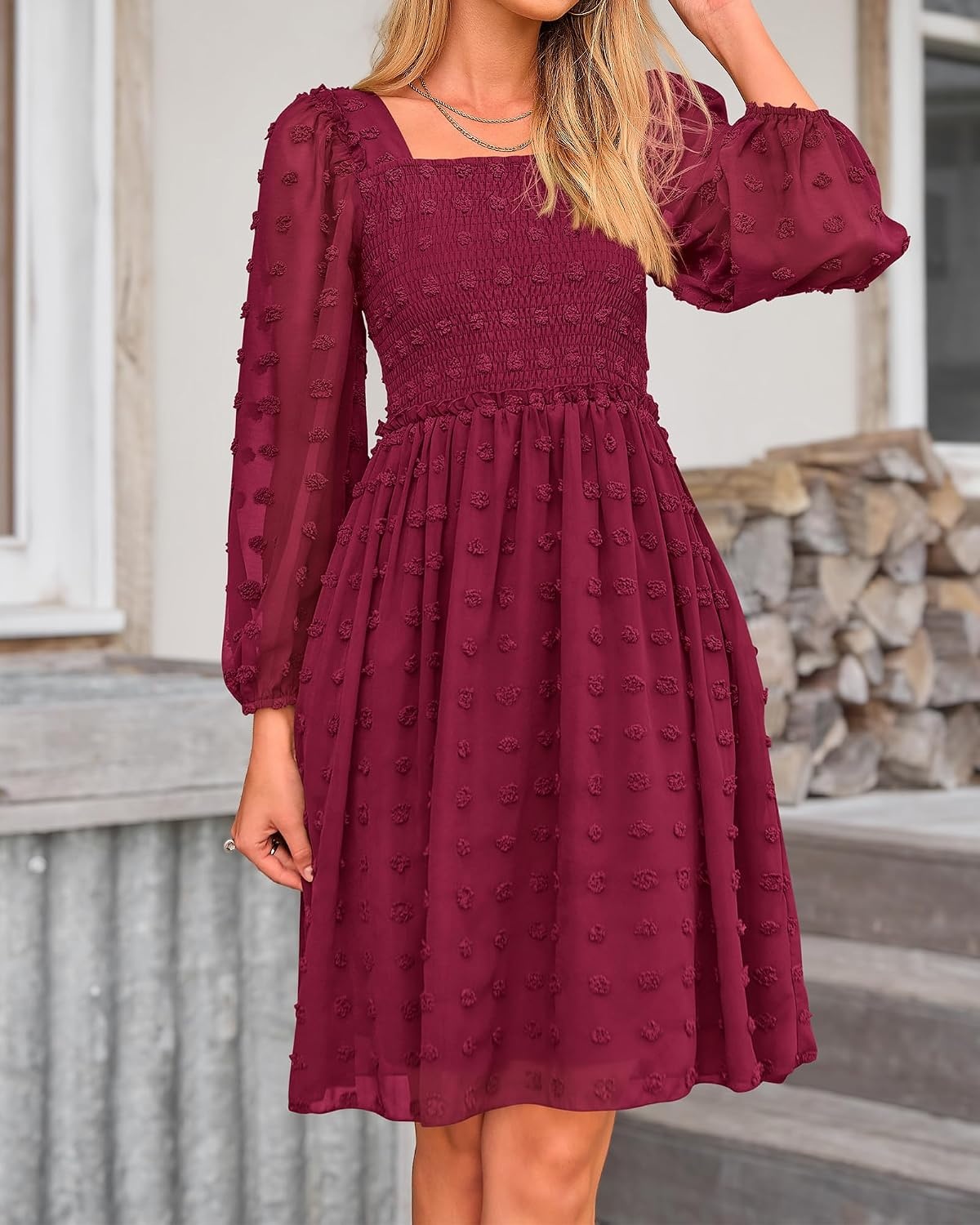 image:imageBTFBM Womens Mini Smocked Wedding Guest DressWine Red