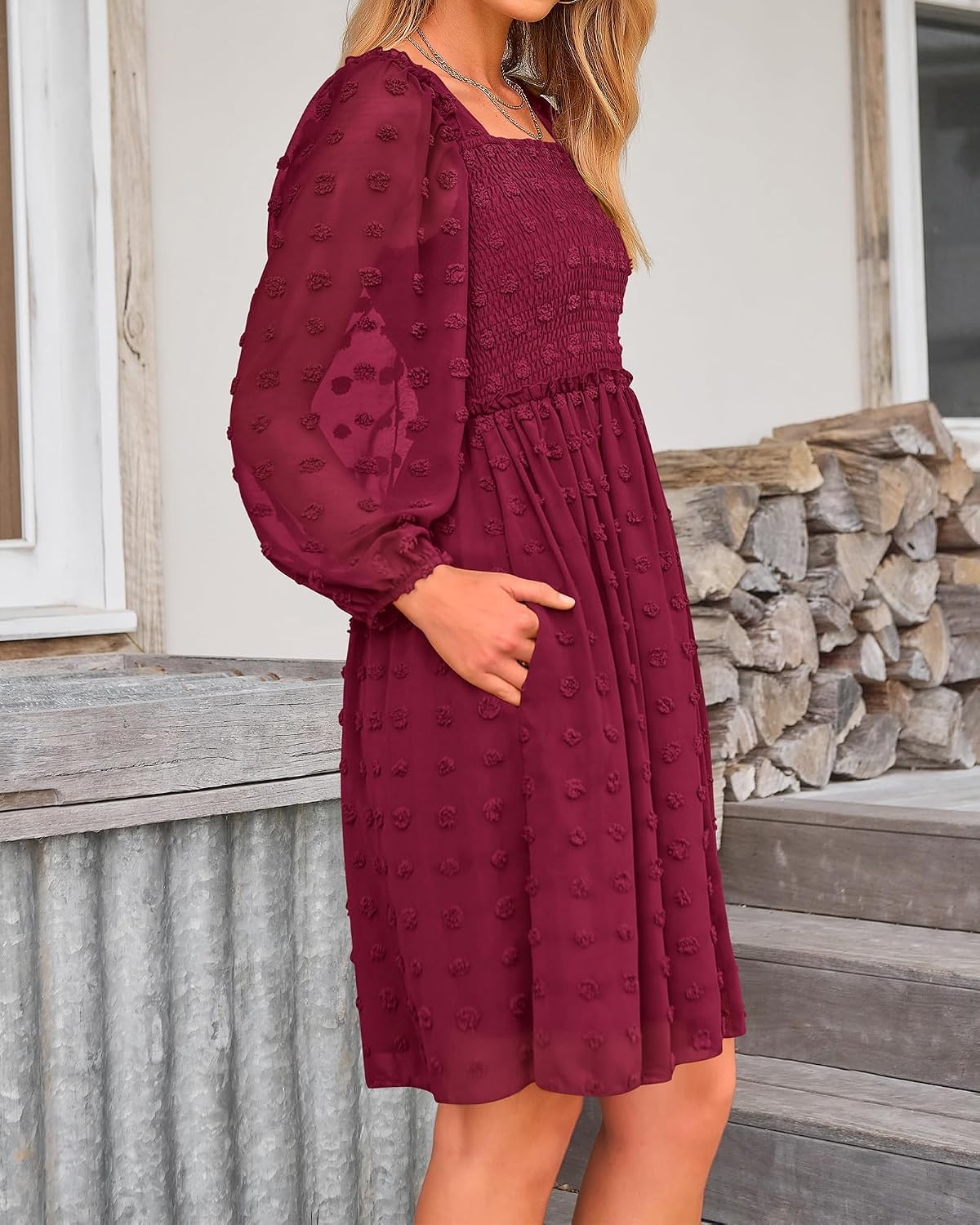 image:imageBTFBM Womens Mini Smocked Wedding Guest DressWine Red