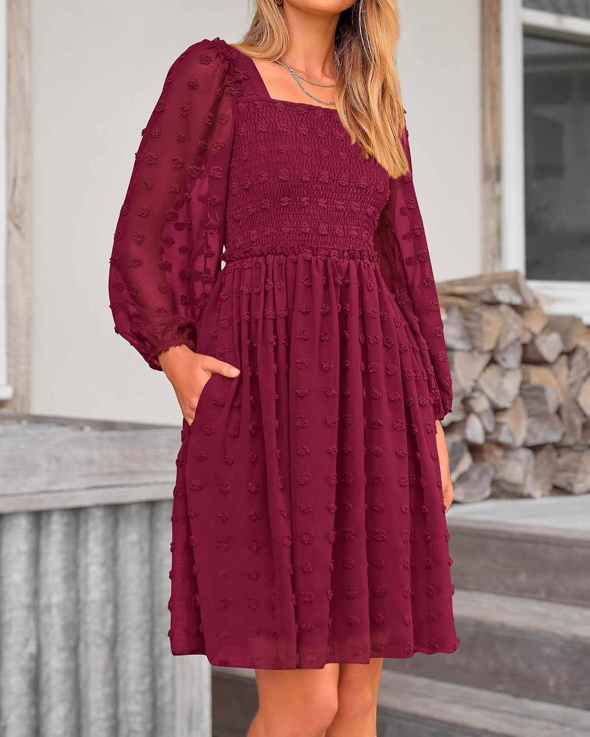image:imageBTFBM Womens Mini Smocked Wedding Guest DressWine Red