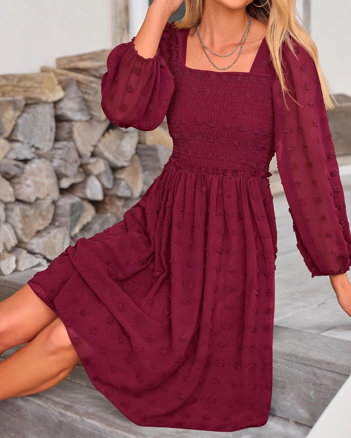 image:imageBTFBM Womens Mini Smocked Wedding Guest DressWine Red