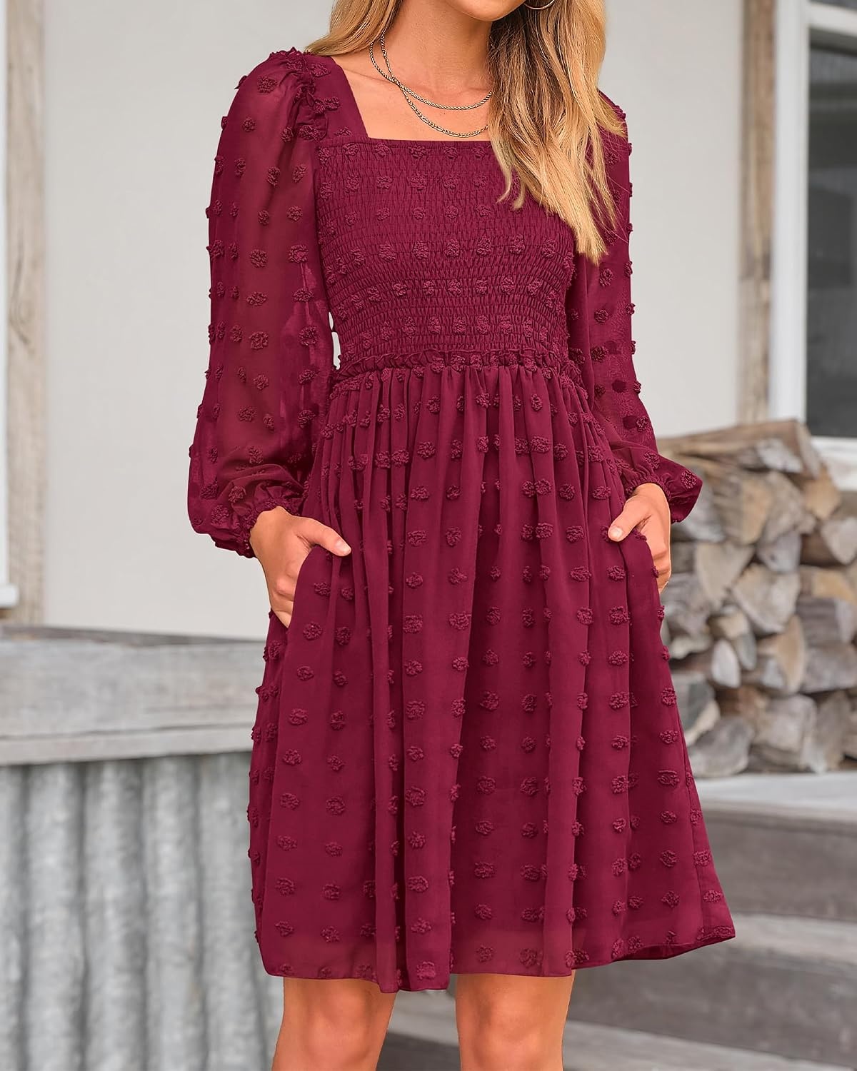 image:imageBTFBM Womens Mini Smocked Wedding Guest DressWine Red