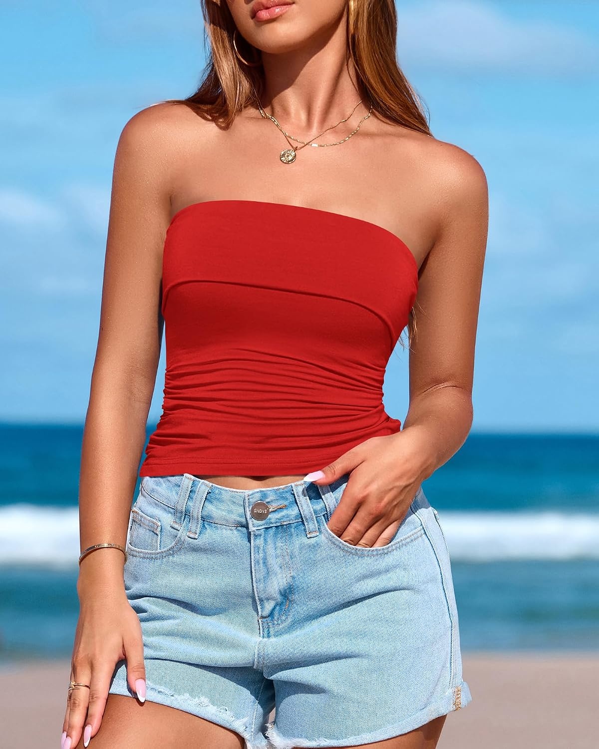 image:imageBTFBM Womens Strapless Tube Tops Spring Summer Outfits 2026Red