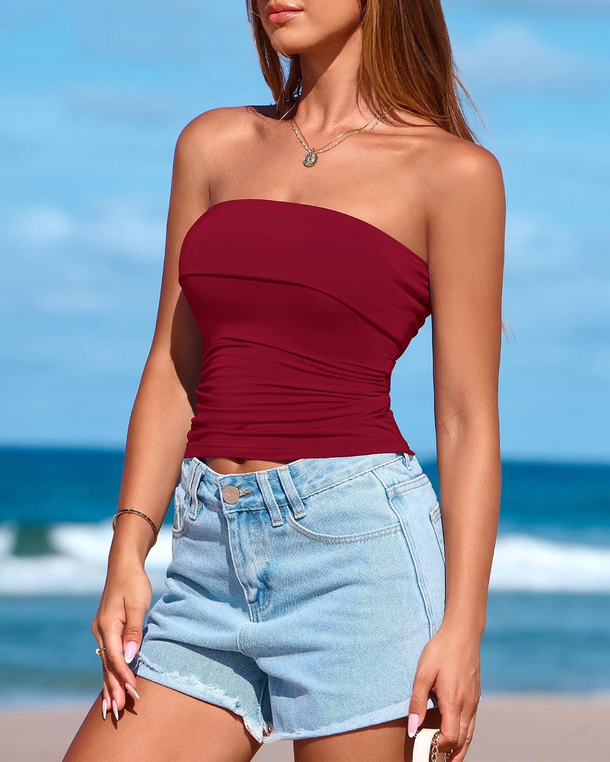 image:imageBTFBM Womens Strapless Tube Tops Spring Summer Outfits 2026Wine Red