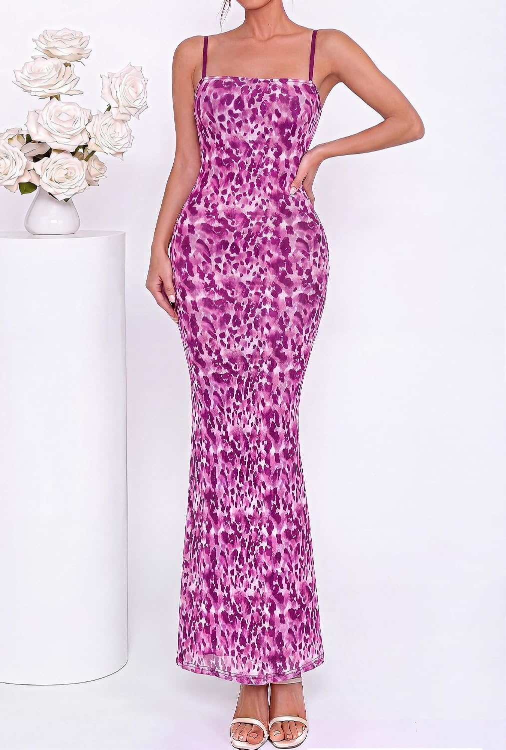 image:imageBTFBM Womens Summer Maxi Dress 2026 Floral Mesh Spaghetti Straps Sleeveless Sexy Bodycon Wedding Cocktail Party DressesDark Purple Print