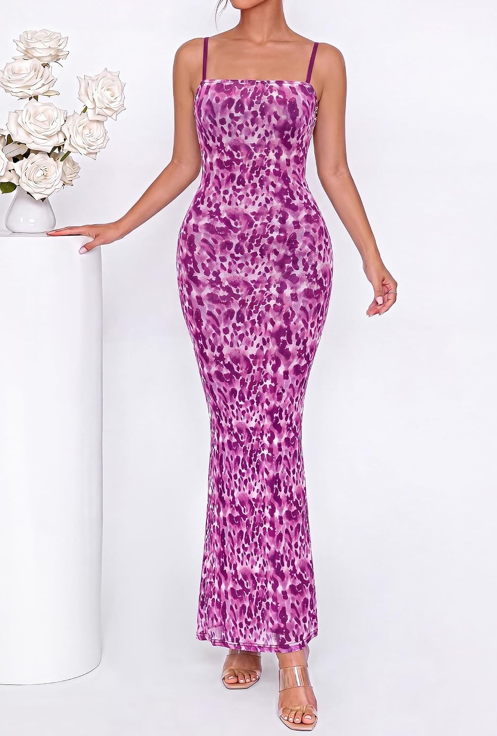 image:imageBTFBM Womens Summer Maxi Dress 2026 Floral Mesh Spaghetti Straps Sleeveless Sexy Bodycon Wedding Cocktail Party DressesDark Purple Print