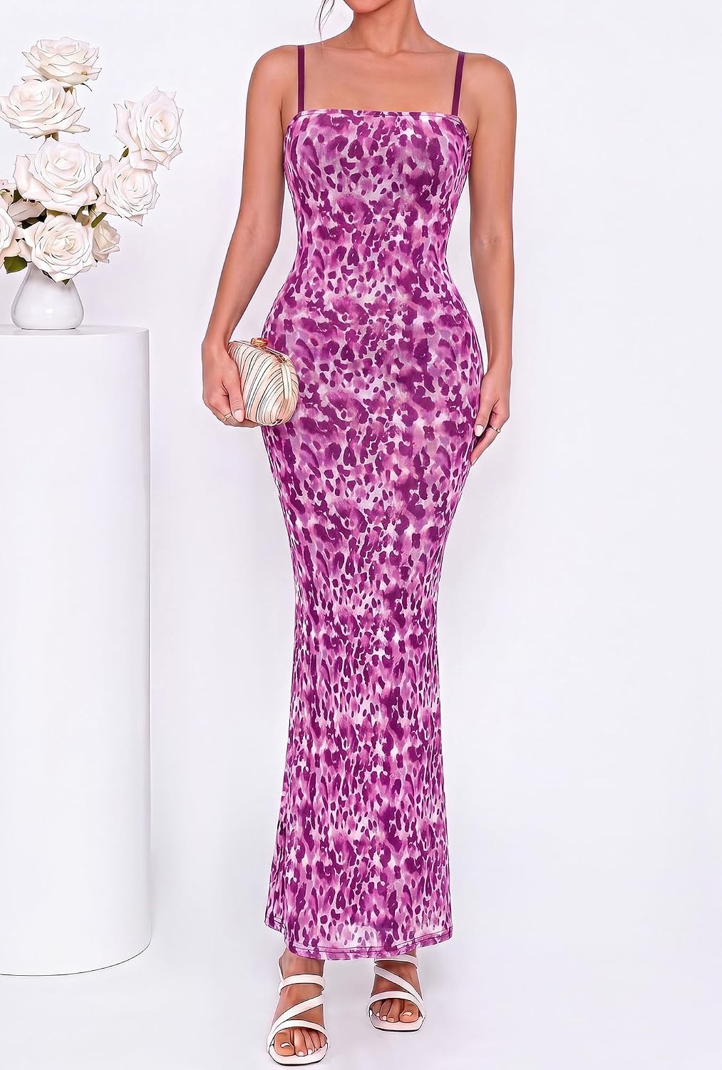 image:imageBTFBM Womens Summer Maxi Dress 2026 Floral Mesh Spaghetti Straps Sleeveless Sexy Bodycon Wedding Cocktail Party DressesDark Purple Print