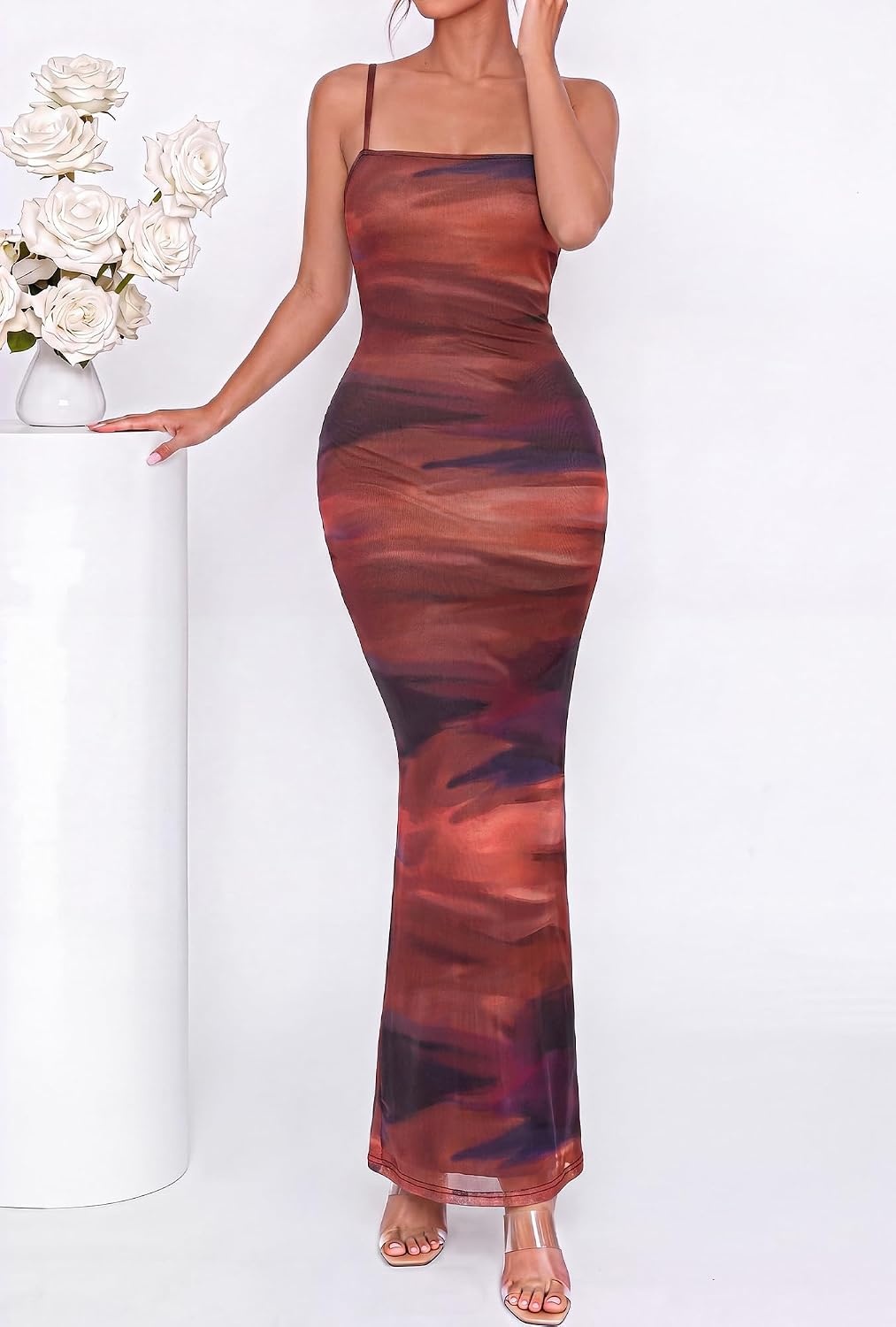 image:imageBTFBM Womens Summer Maxi Dress 2026 Floral Mesh Spaghetti Straps Sleeveless Sexy Bodycon Wedding Cocktail Party DressesDark Red Print