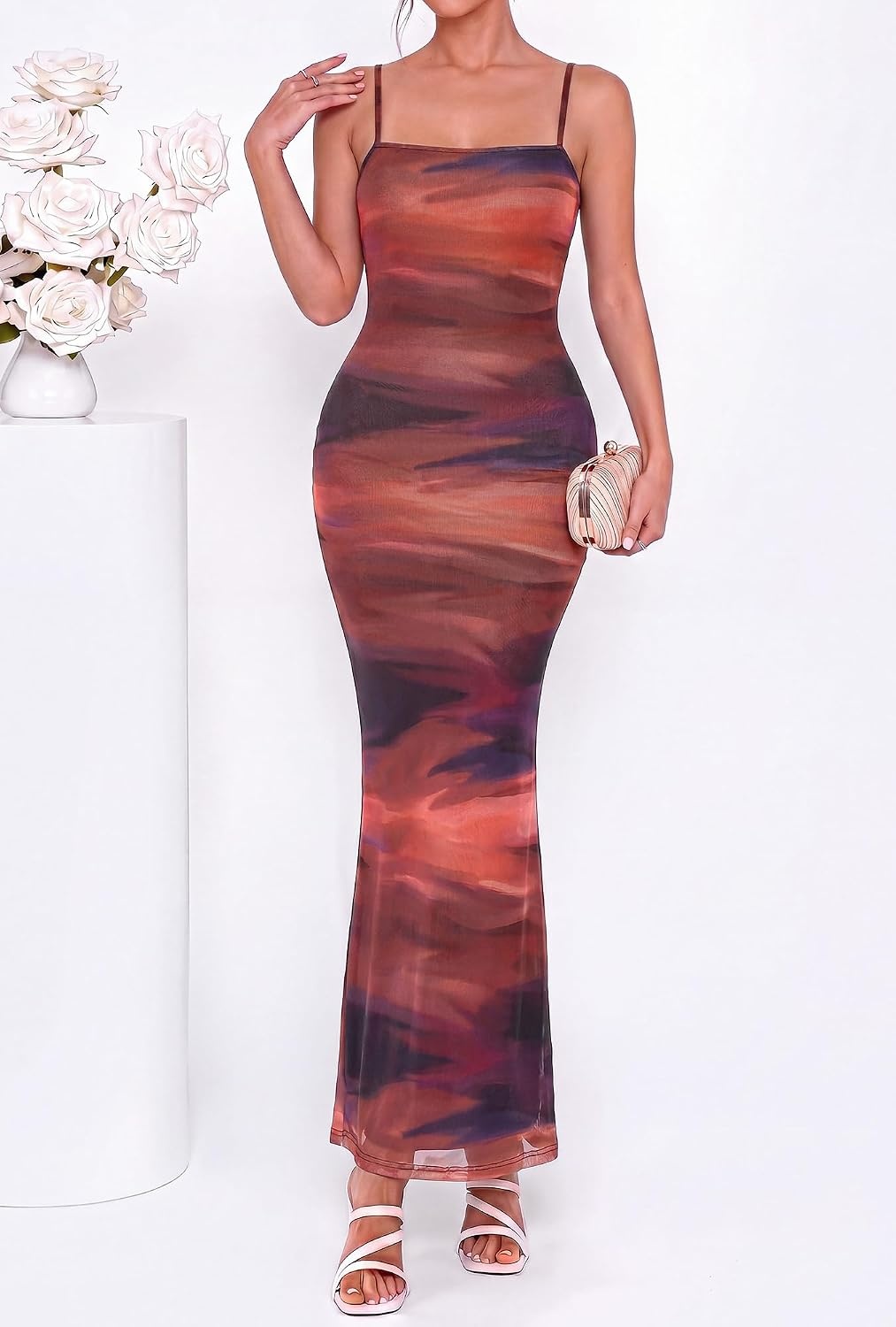 image:imageBTFBM Womens Summer Maxi Dress 2026 Floral Mesh Spaghetti Straps Sleeveless Sexy Bodycon Wedding Cocktail Party DressesDark Red Print