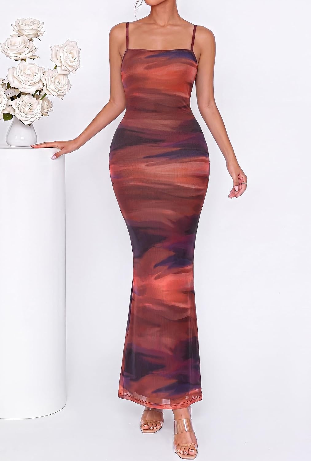 image:imageBTFBM Womens Summer Maxi Dress 2026 Floral Mesh Spaghetti Straps Sleeveless Sexy Bodycon Wedding Cocktail Party DressesDark Red Print