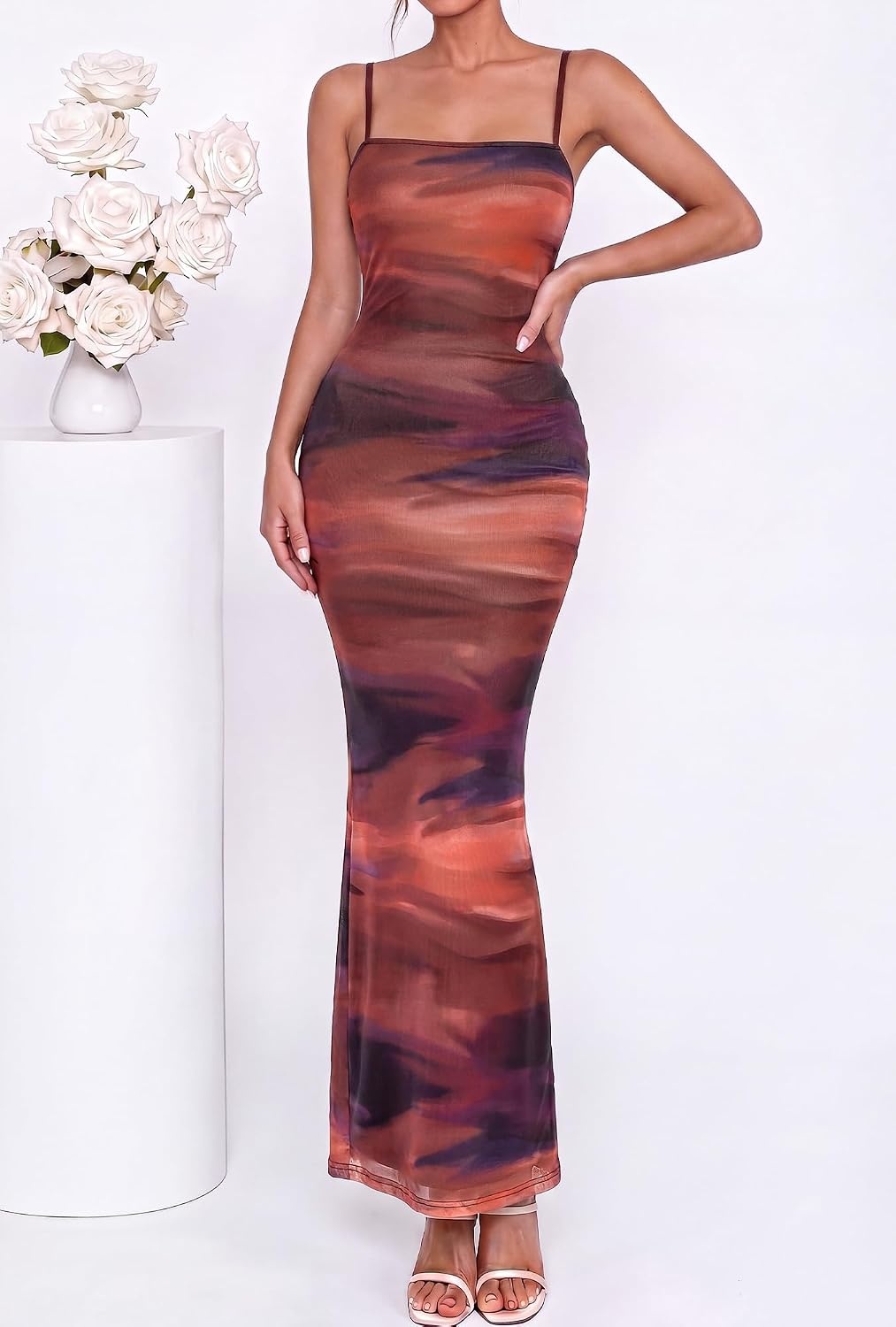 image:imageBTFBM Womens Summer Maxi Dress 2026 Floral Mesh Spaghetti Straps Sleeveless Sexy Bodycon Wedding Cocktail Party DressesDark Red Print