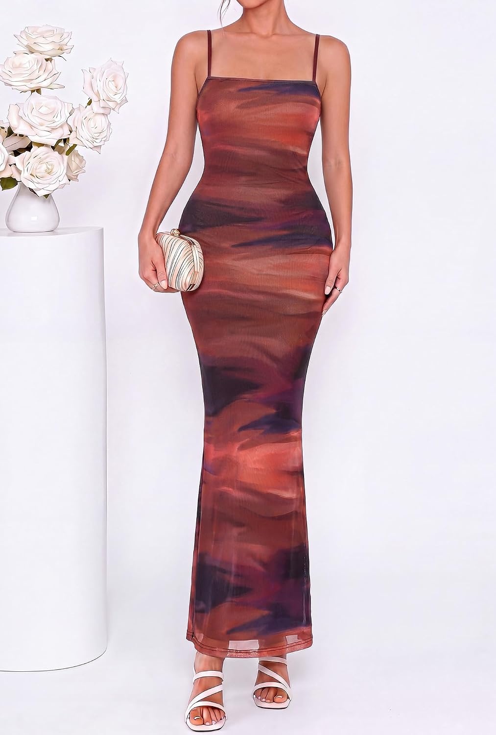image:imageBTFBM Womens Summer Maxi Dress 2026 Floral Mesh Spaghetti Straps Sleeveless Sexy Bodycon Wedding Cocktail Party DressesDark Red Print