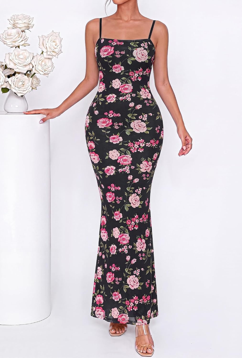 image:imageBTFBM Womens Summer Maxi Dress 2026 Floral Mesh Spaghetti Straps Sleeveless Sexy Bodycon Wedding Cocktail Party DressesFloral Black Pink