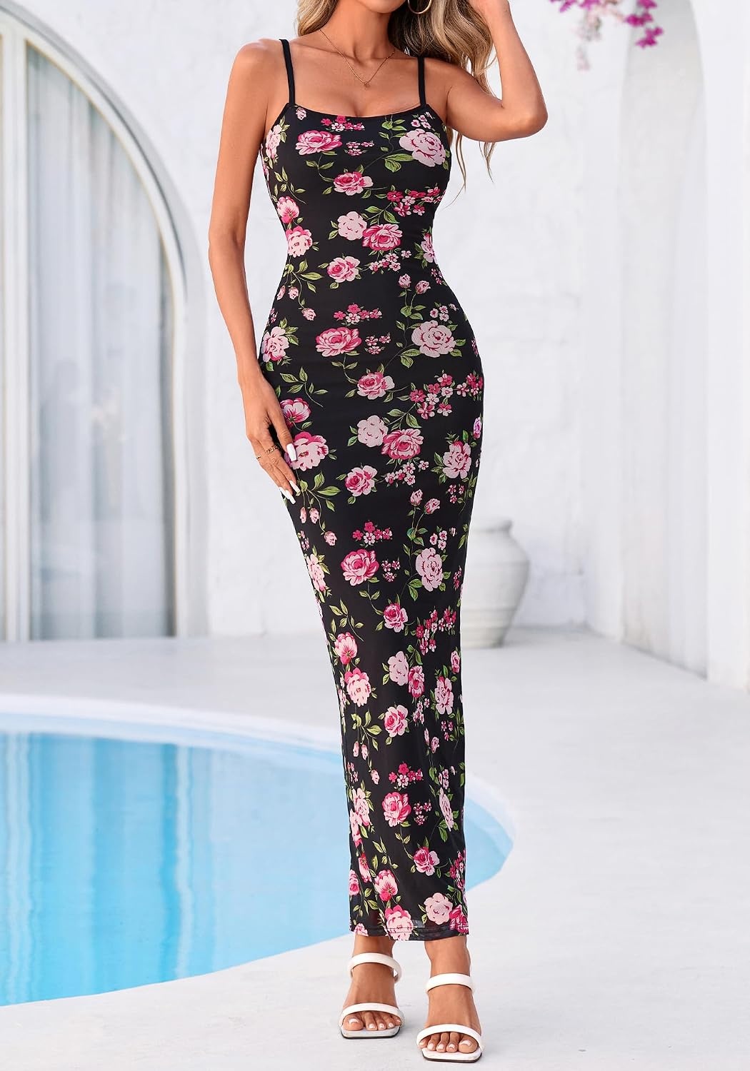 image:imageBTFBM Womens Summer Maxi Dress 2026 Floral Mesh Spaghetti Straps Sleeveless Sexy Bodycon Wedding Cocktail Party DressesFloral Black Pink