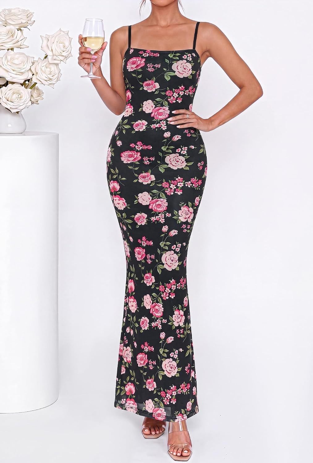 image:imageBTFBM Womens Summer Maxi Dress 2026 Floral Mesh Spaghetti Straps Sleeveless Sexy Bodycon Wedding Cocktail Party DressesFloral Black Pink
