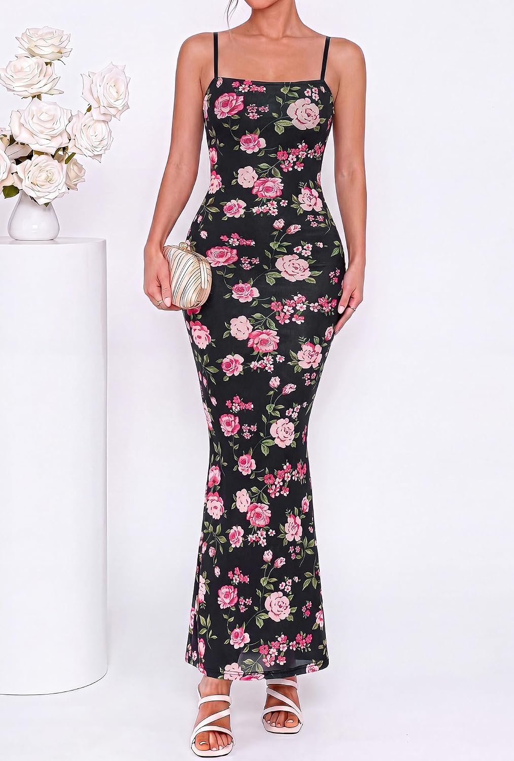 image:imageBTFBM Womens Summer Maxi Dress 2026 Floral Mesh Spaghetti Straps Sleeveless Sexy Bodycon Wedding Cocktail Party DressesFloral Black Pink