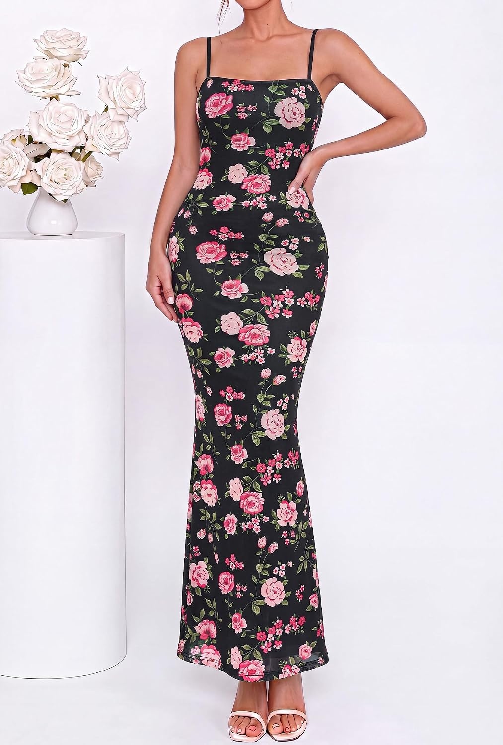 image:imageBTFBM Womens Summer Maxi Dress 2026 Floral Mesh Spaghetti Straps Sleeveless Sexy Bodycon Wedding Cocktail Party DressesFloral Black Pink