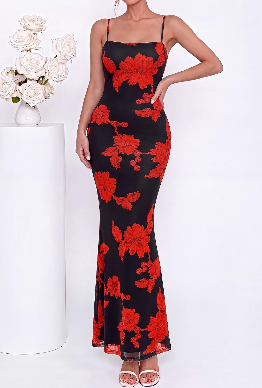 image:imageBTFBM Womens Summer Maxi Dress 2026 Floral Mesh Spaghetti Straps Sleeveless Sexy Bodycon Wedding Cocktail Party DressesFloral Black Red