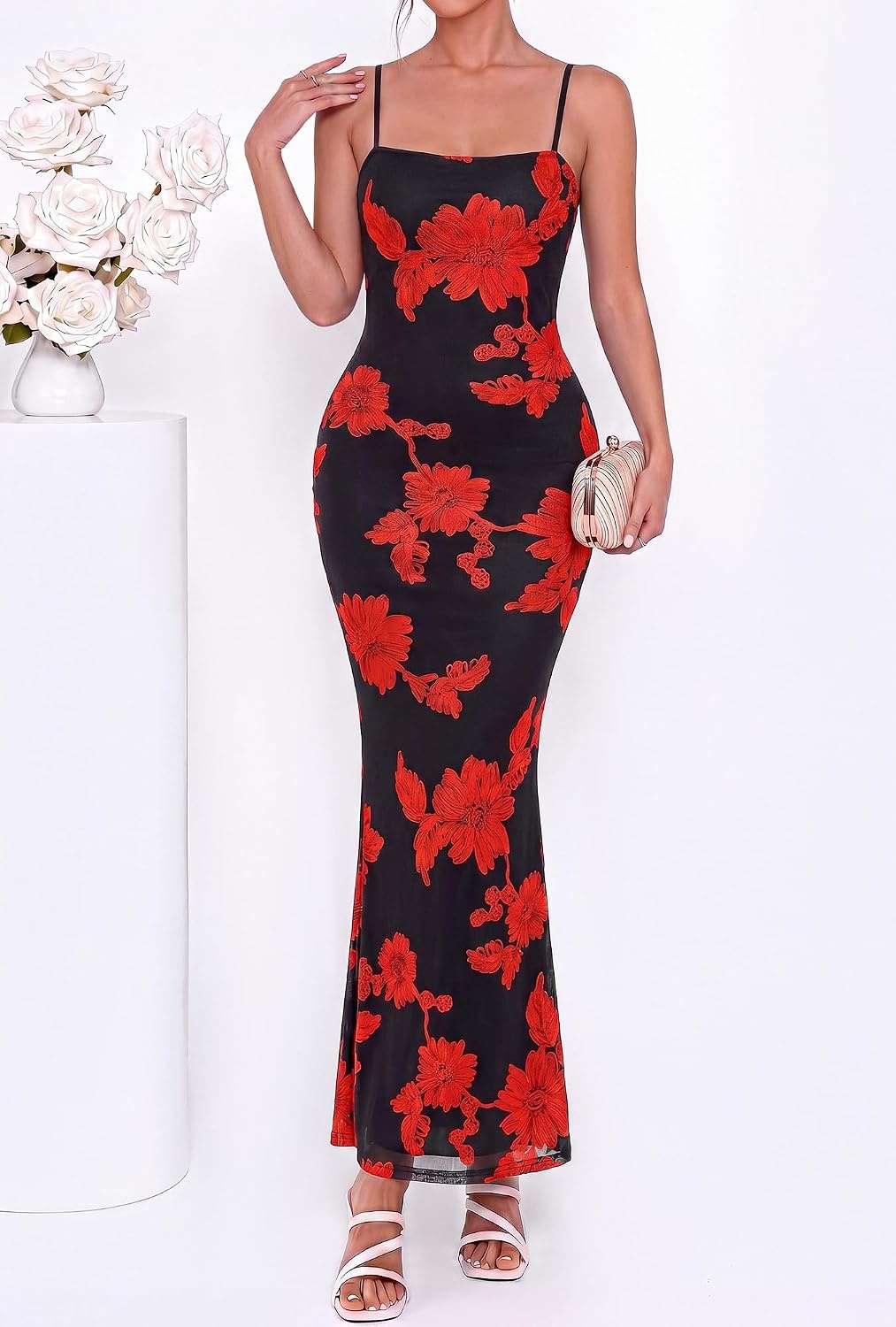image:imageBTFBM Womens Summer Maxi Dress 2026 Floral Mesh Spaghetti Straps Sleeveless Sexy Bodycon Wedding Cocktail Party DressesFloral Black Red