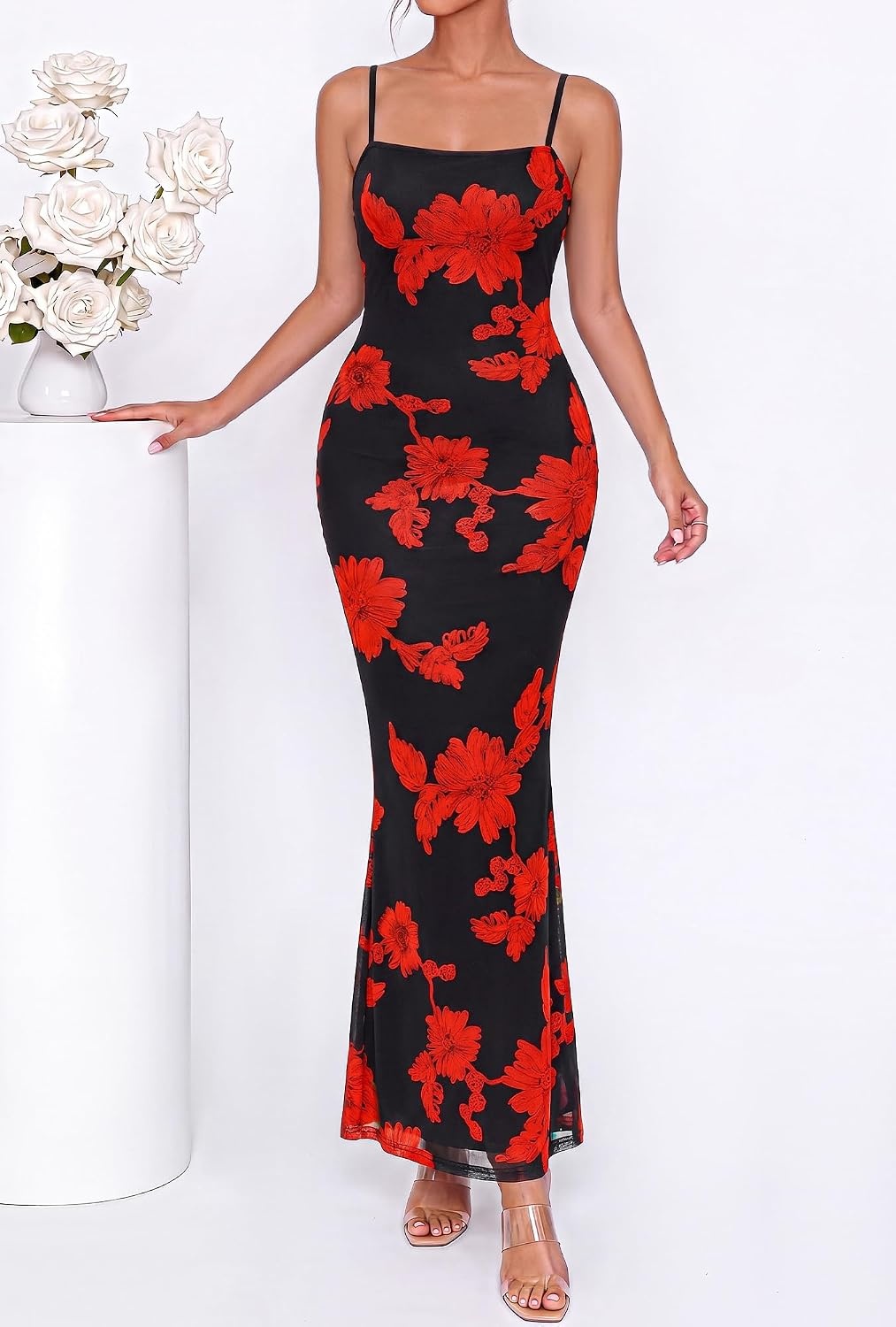 image:imageBTFBM Womens Summer Maxi Dress 2026 Floral Mesh Spaghetti Straps Sleeveless Sexy Bodycon Wedding Cocktail Party DressesFloral Black Red